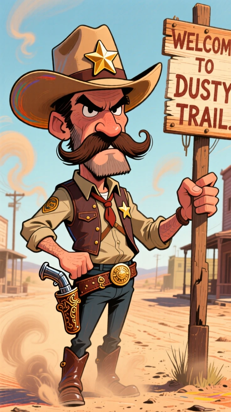 A Wild West sheriff standing confidently in a dusty street, hand hovering near his holster.