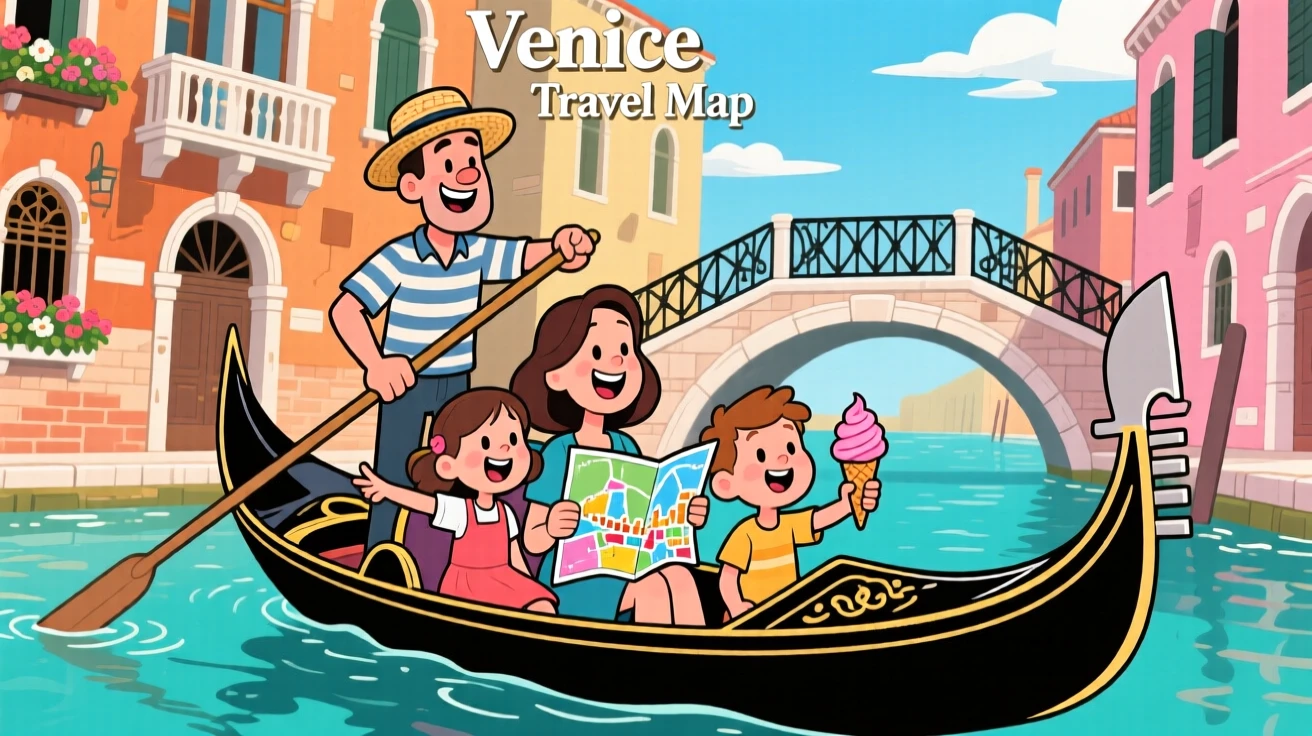 An iconic travel scene featuring a family on vacation riding a gondola through the canals of Venice, with a map slightly askew in hand.