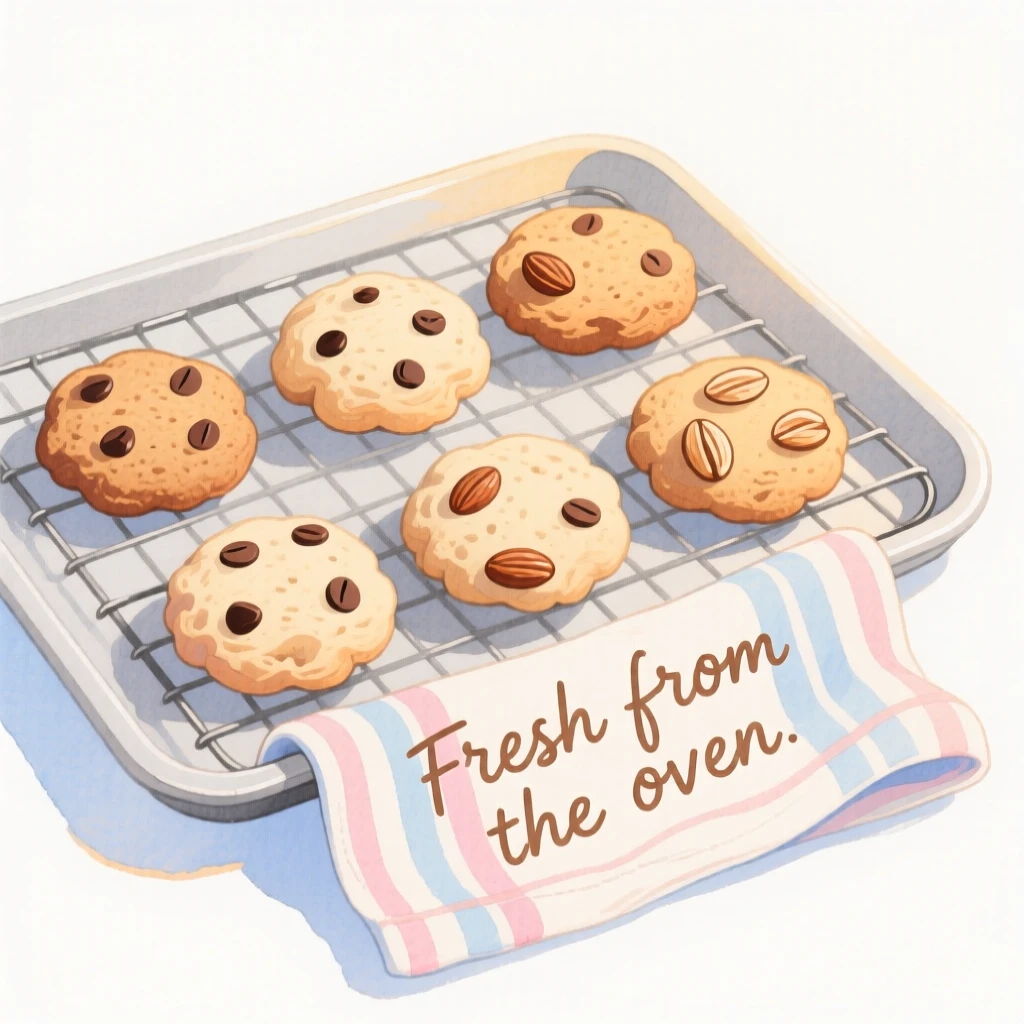 A cozy, appetizing, warm and inviting scene of a tray of fresh-baked cookies cooling on a wire rack