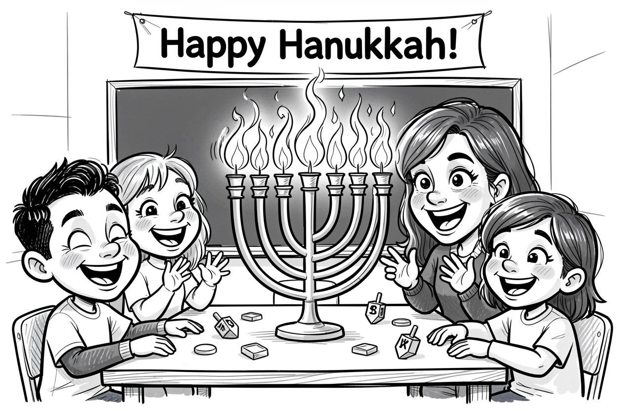 [Seasonal Holidays & Celebrations] Festive scene of a cozy school class lighting a menorah together, full of celebration and joy