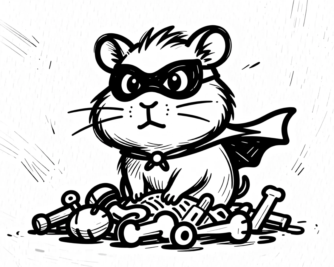 A guinea pig wearing a tiny cape and mask, guarding a pile of toys heroically.