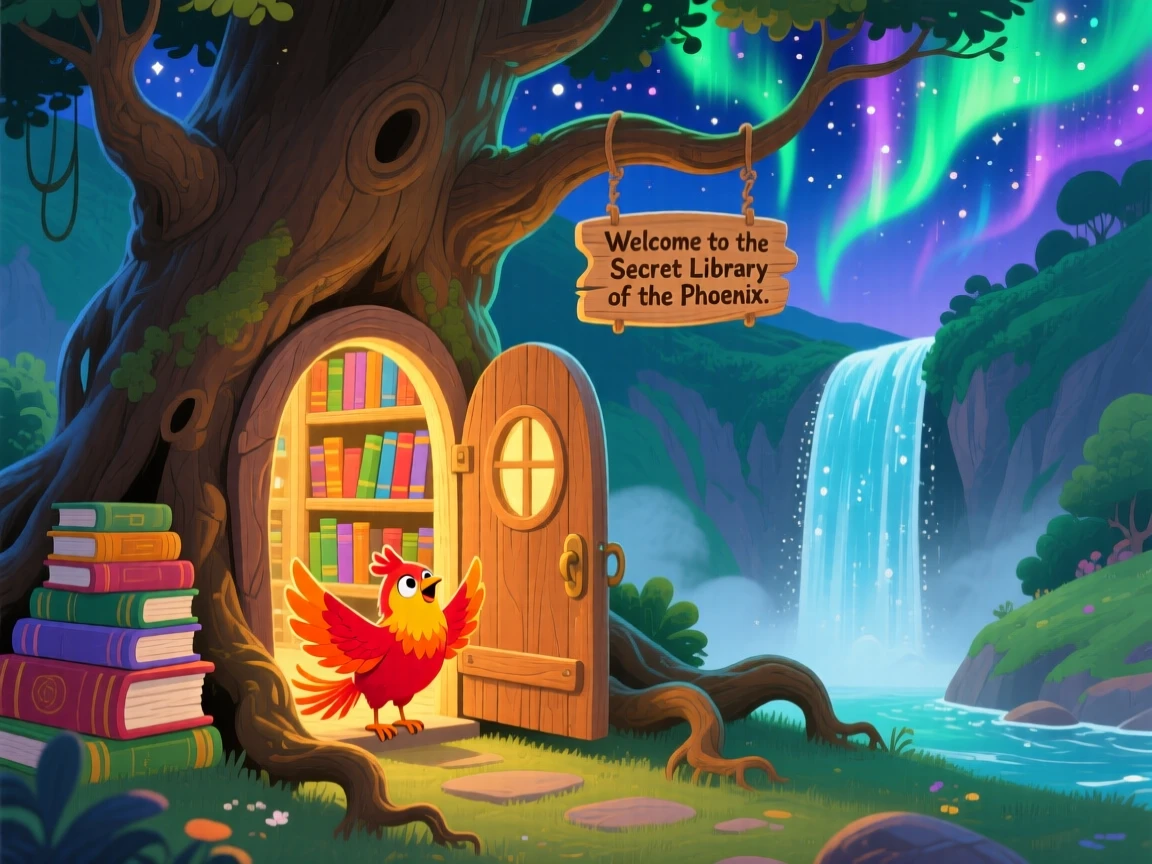 In a hidden valley behind a waterfall, a phoenix chick discovers a moment of wonder while discovering a hidden library inside a giant oak, as the northern lights ripple overhead.