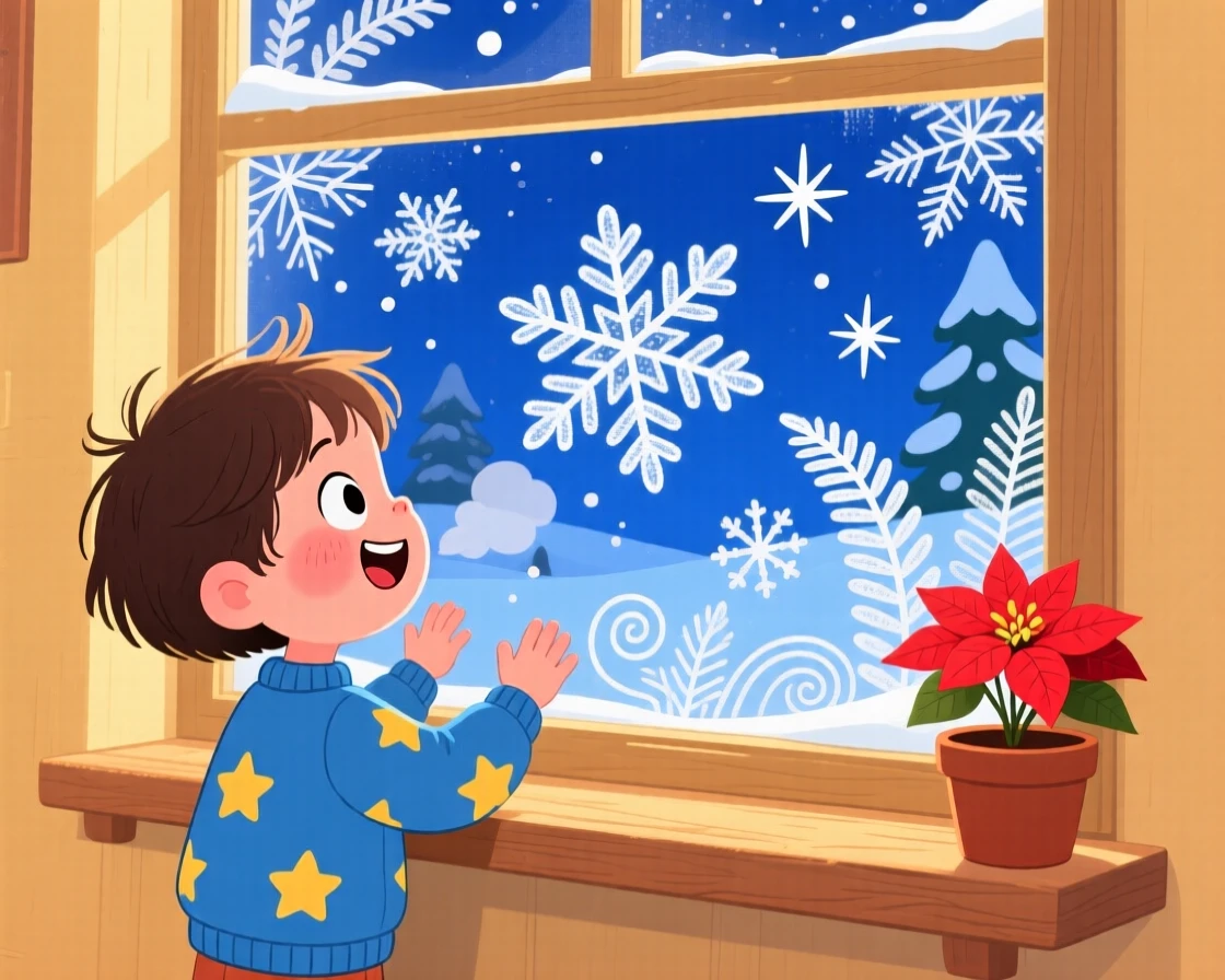 A child watching frost patterns form on a windowpane.