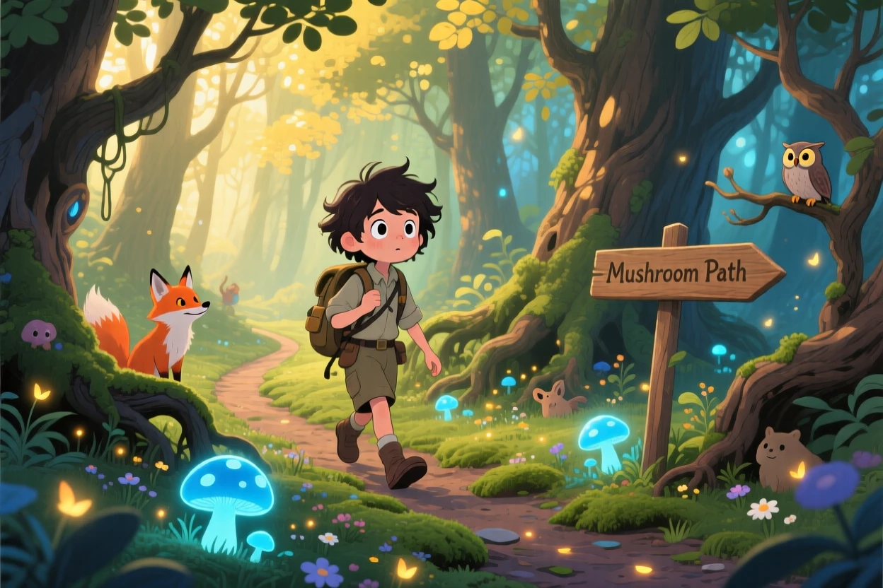 A young explorer following a trail of glowing mushrooms through a forest, the moment charged with curiosity.