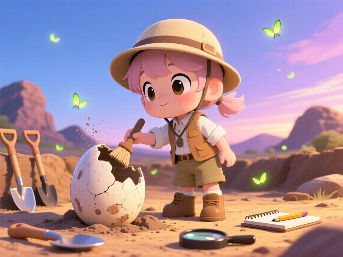 Low-angle shot looking up: a small child paleontologist, brushing dust off a dinosaur egg fossil, set against a sunny excavation site as fireflies begin to glow at dusk, with soft golden-hour sunlight and a mood of sleepy relaxation.