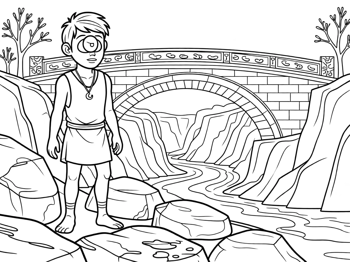 A cyclops standing among fallen boulders, with an old stone bridge crossing a chasm behind it.