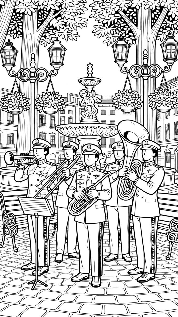 A traditional band performing in a plaza with brass instruments.