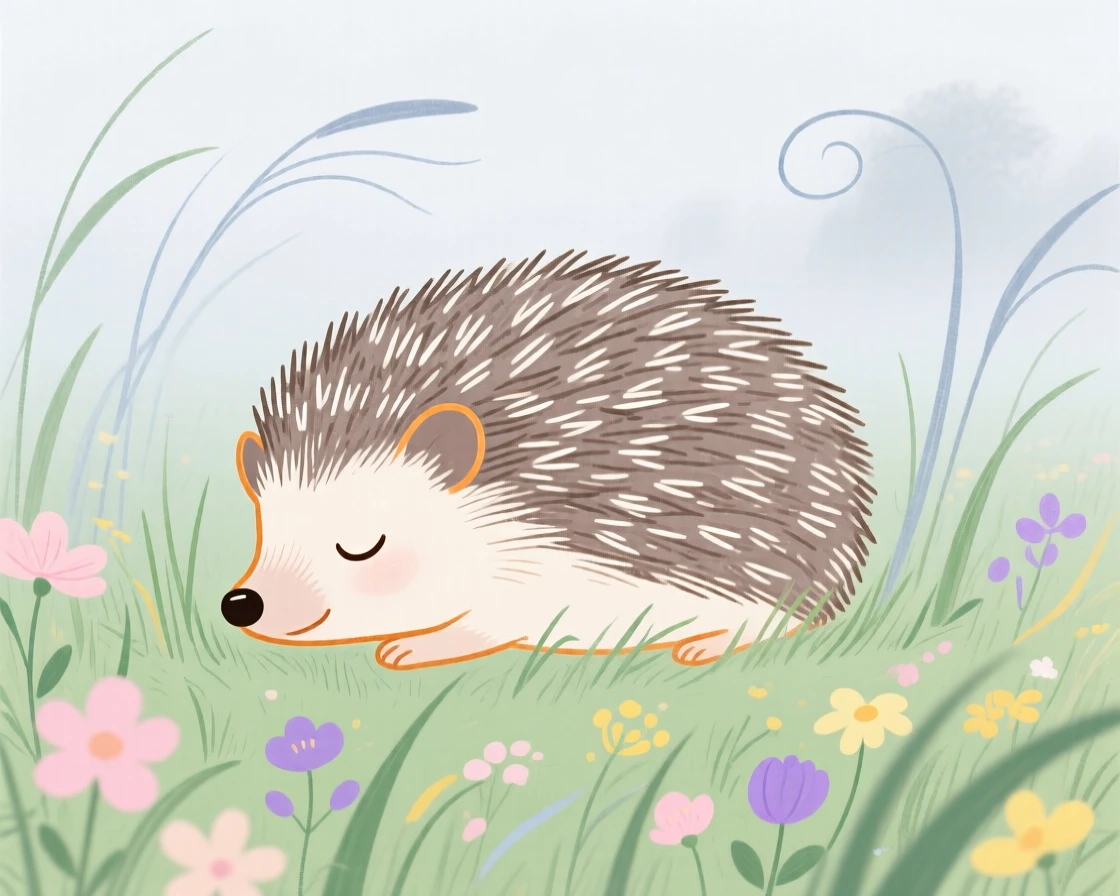 A small hedgehog napping in a misty morning field in early spring.