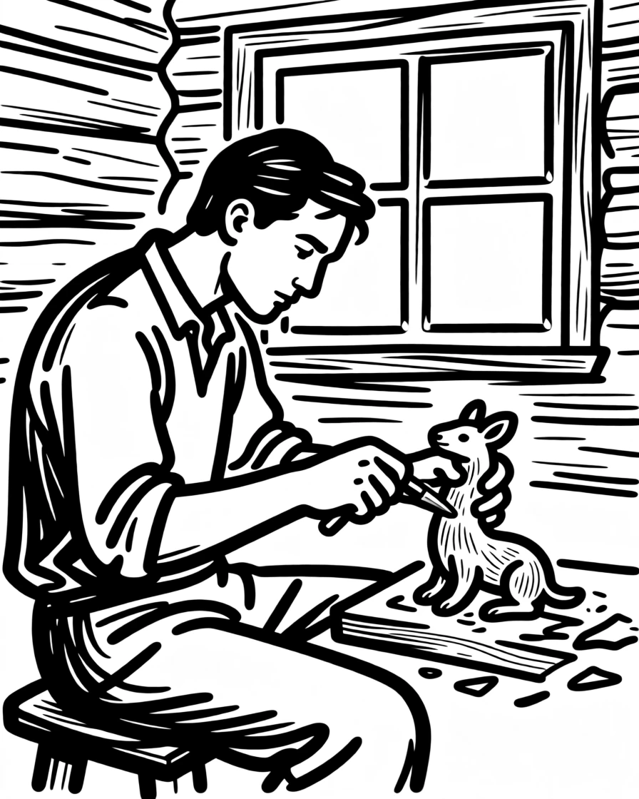 A woodcarver whittling a small animal figure by a cabin window.