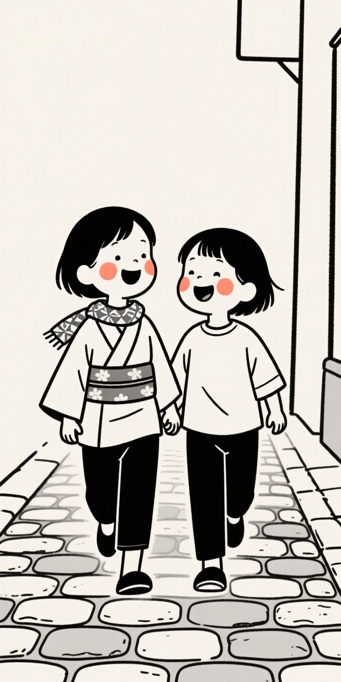 Siblings laughing together of Japanese heritage, glowing with nostalgia, on a quiet cobblestone street.