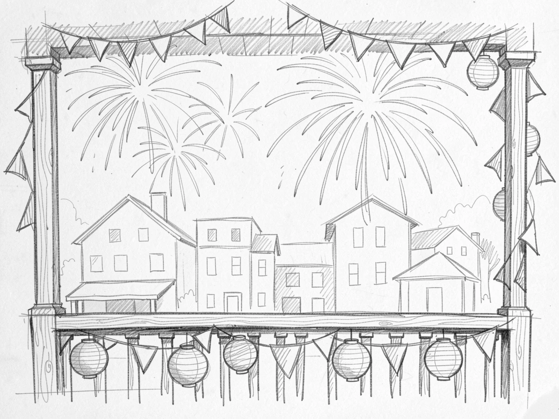 A joyful holiday moment: fireworks bursting over a summer night skyline on a decorated porch, with decorations catching the eye at every turn.