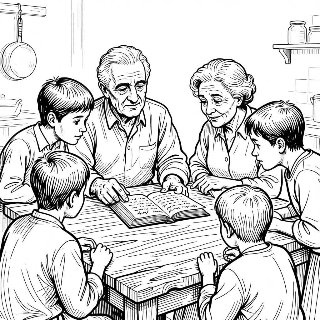 A group of elders passing down a traditional recipe to younger generations.