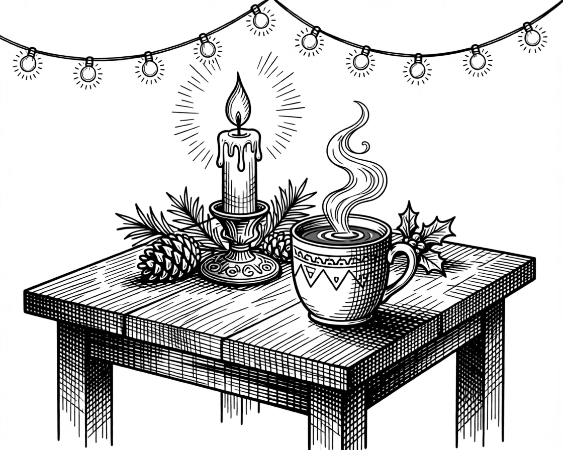 A candlelit table set for a winter celebration beneath strings of warm glowing lights, with a steaming mug of cocoa resting nearby, capturing a peacefully magical seasonal moment.