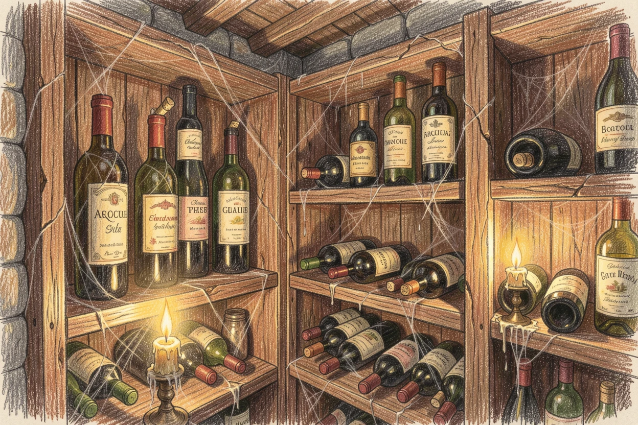 A rustic wine cellar with candlelight flickering over old bottles, with delicate details that reward a closer look, designed to feel inviting, memorable, and shareable.