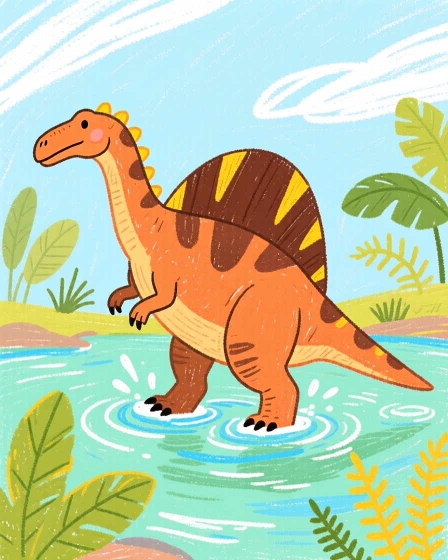 A Spinosaurus wading through a shallow prehistoric river.