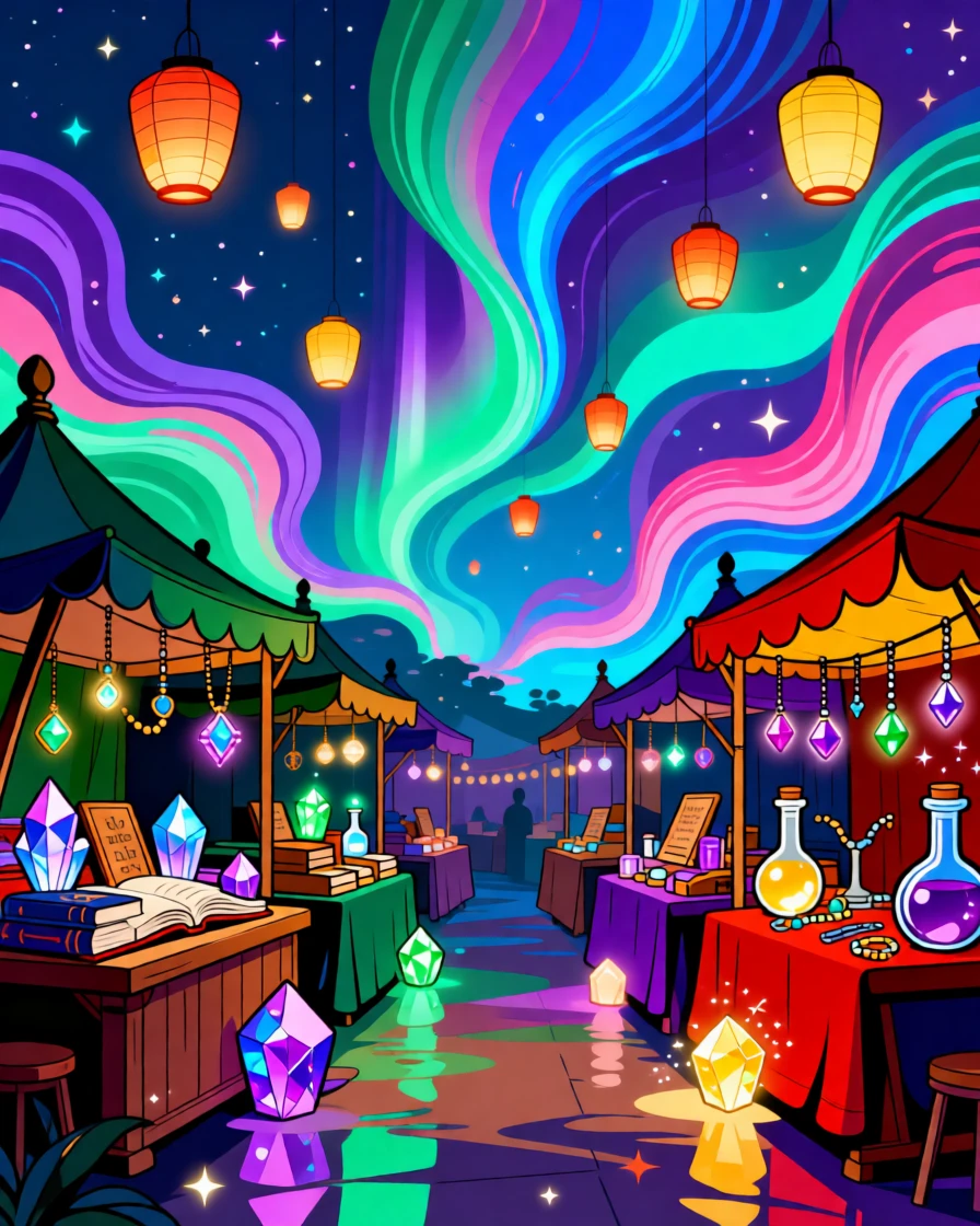 A magical marketplace filled with floating lanterns and mystical wares, set against a backdrop of glowing aurora colors, composed with a fairy-tale storybook quality, with rich jewel tones that evoke wonder and imagination.