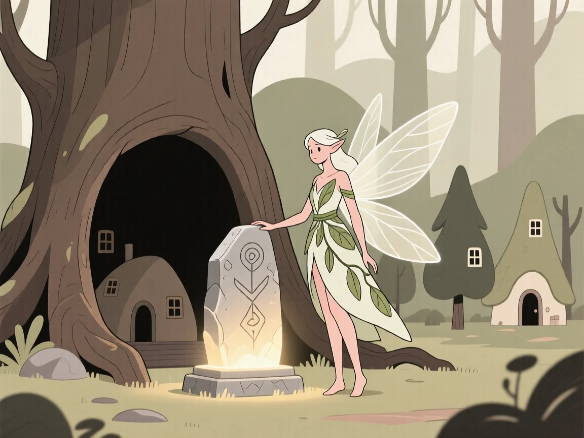 A forest fairy guarding an ancient relic near a hollow tree village.
