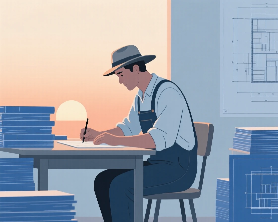 A focused farmer at dawn working at a home studio, surrounded by stacks of blueprints, expressing quiet dedication.