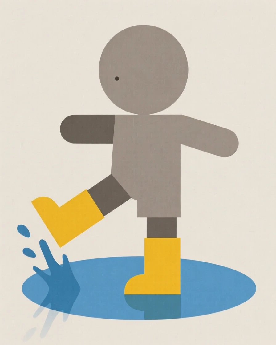 A young child splashing in a puddle with rain boots