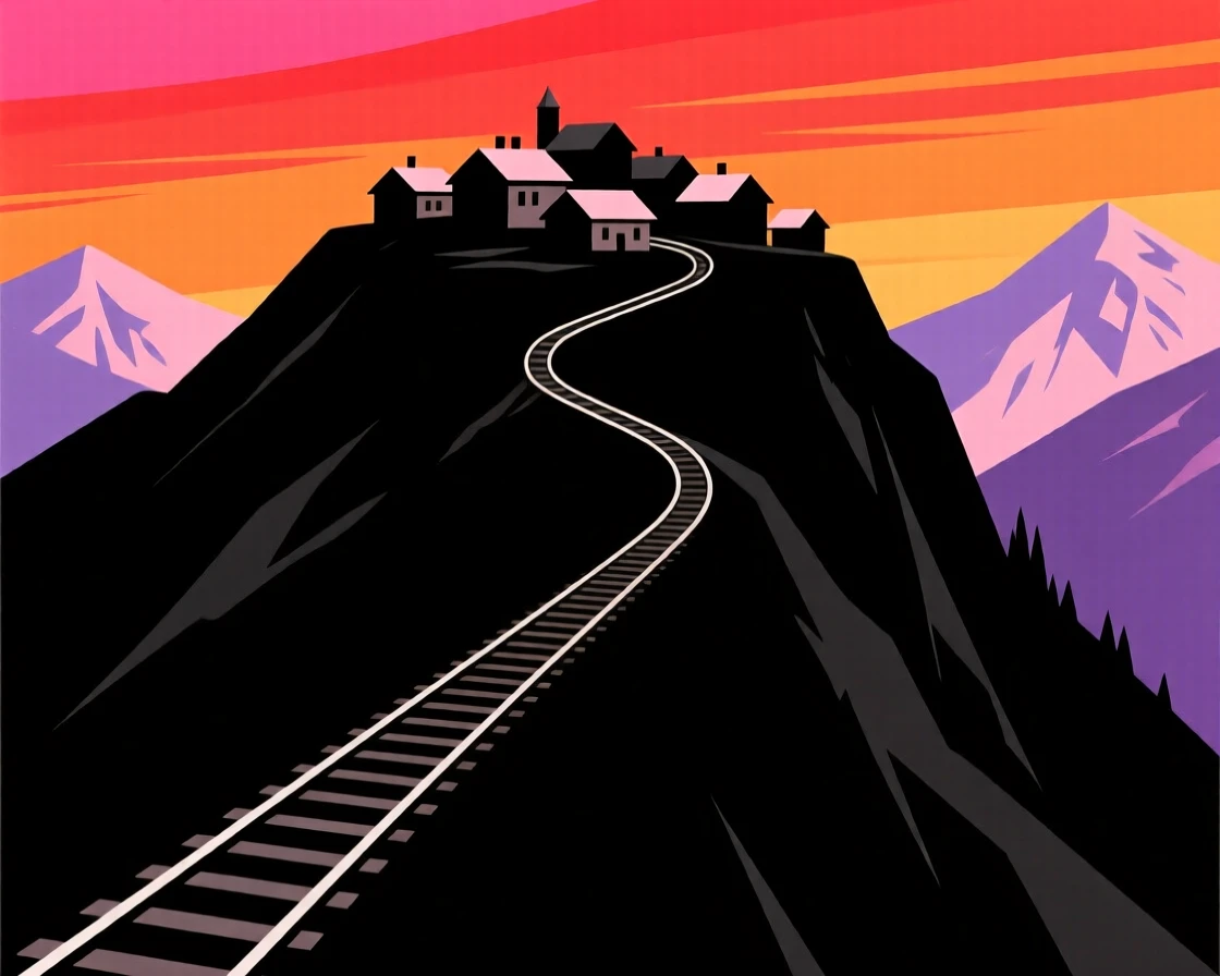 A steep mountain railway winding up toward a distant alpine village.