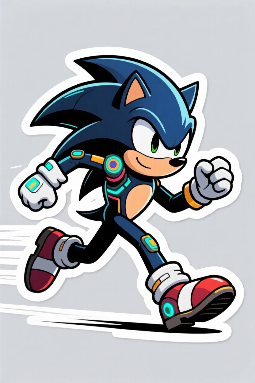 A charmingly futuristic video game hero hedgehog dashing at super speed, striking a confident heroic pose, during an exciting made-up adventure.