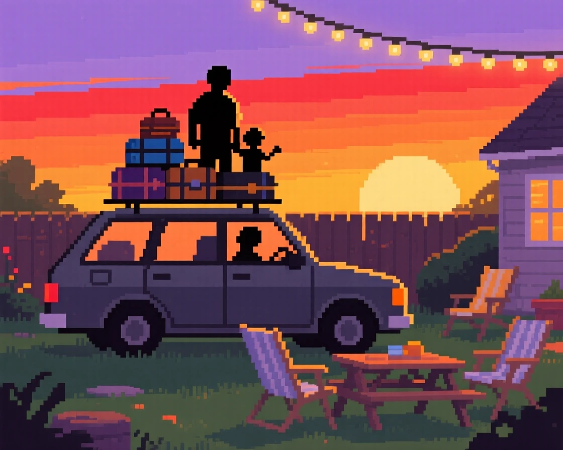 A family road trip car packed with luggage framed by a glowing orange sunset, in a backyard set up for a summer evening.