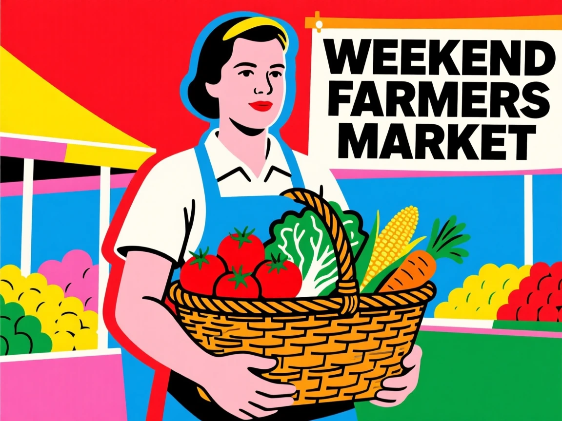 Weekend farmers market with a wicker basket of goods