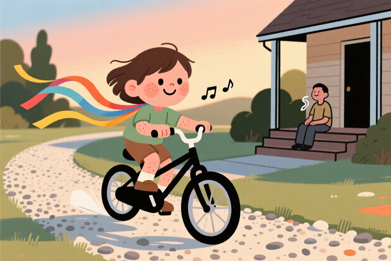 A child rides a bicycle with streamers down a gravel driveway on a warm summer evening, laughing with the wind in their hair as someone humming a tune drifts from a nearby porch.