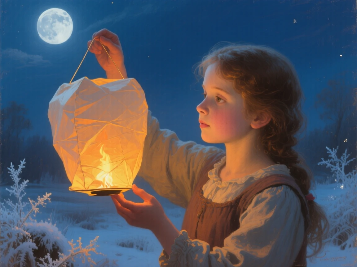 An intimate close-up of a young girl releasing a paper lantern into the night sky, under a full moon, beneath fresh fallen frost.