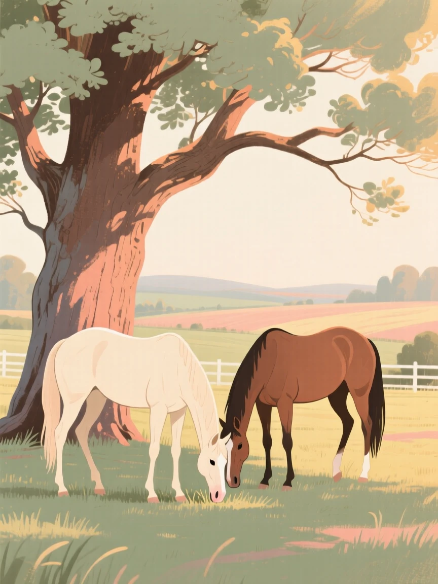 A pair of horses grazing beneath an old oak tree in a paddock