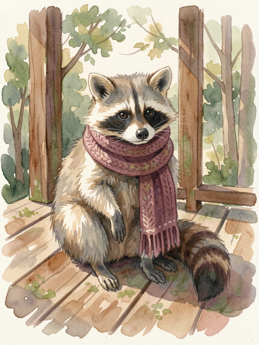 A curious raccoon on a wooden porch wearing a cozy knitted scarf.