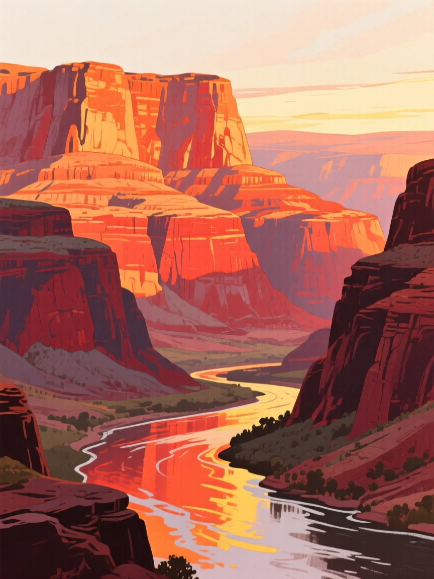 A canyon glows deep orange and red at sunset, layered rock formations stretching toward a winding river below