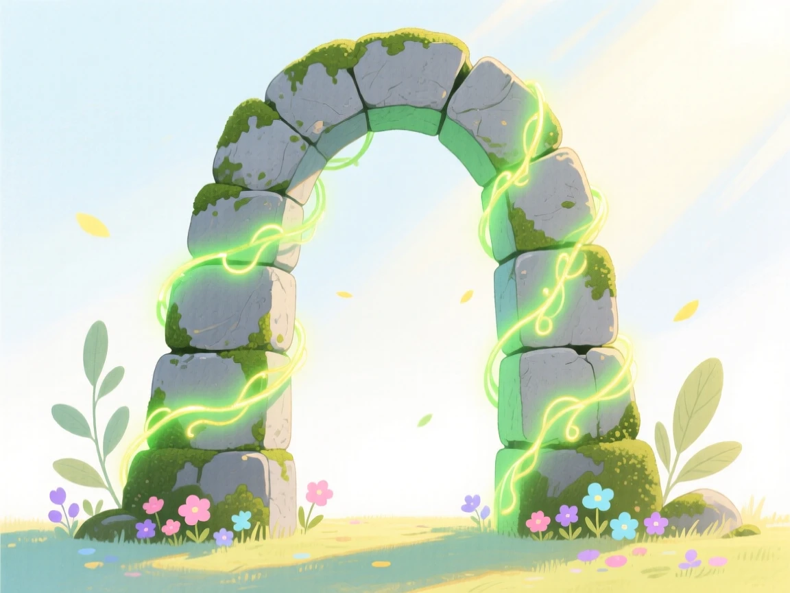 An awe-inspiring look at an ancient stone archway covered in glowing vines.