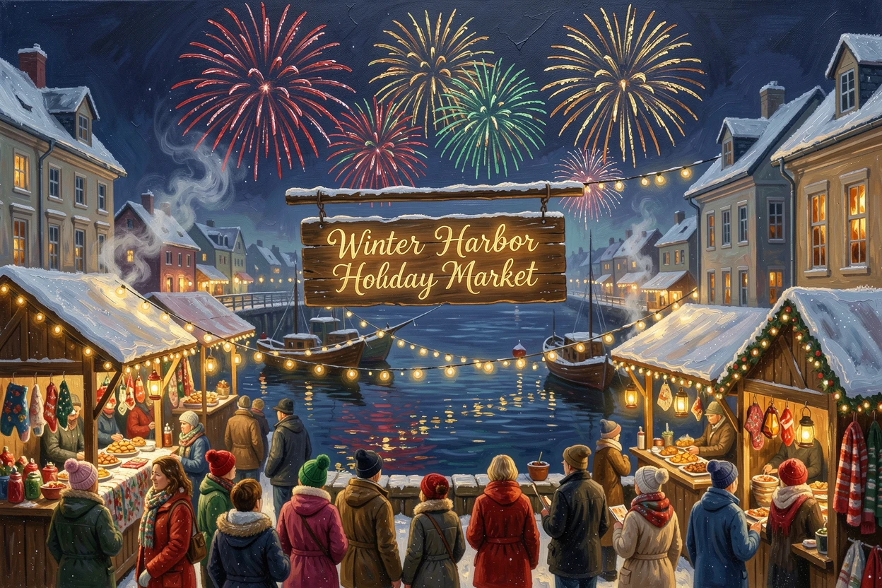 Along a harbor lit up for a nighttime celebration, a bustling holiday market strung with warm lights, fireworks reflecting off the water below, on a crisp winter evening.