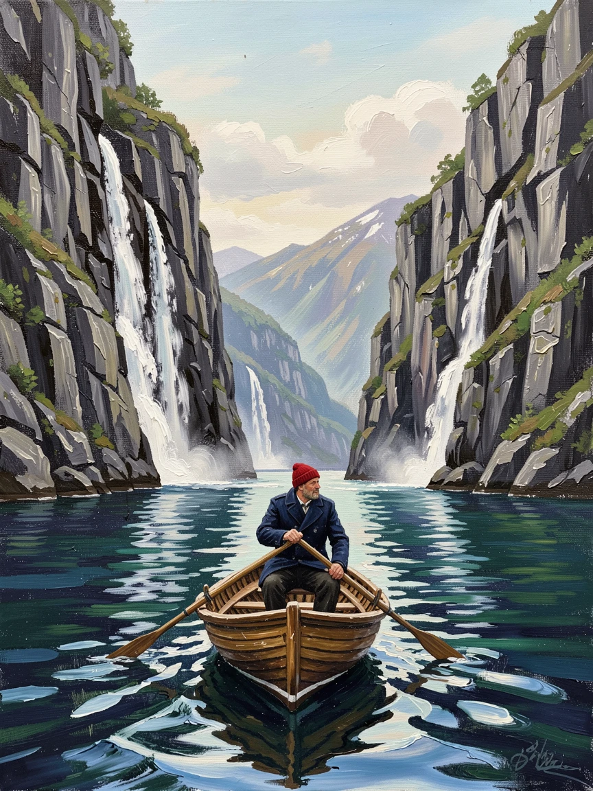 A sailor navigates a small boat through a dramatic Norwegian fjord, waterfalls cascading down sheer cliffs on either side of the narrow channel, a quiet sense of accomplishment visible in the posture and expression of those involved.