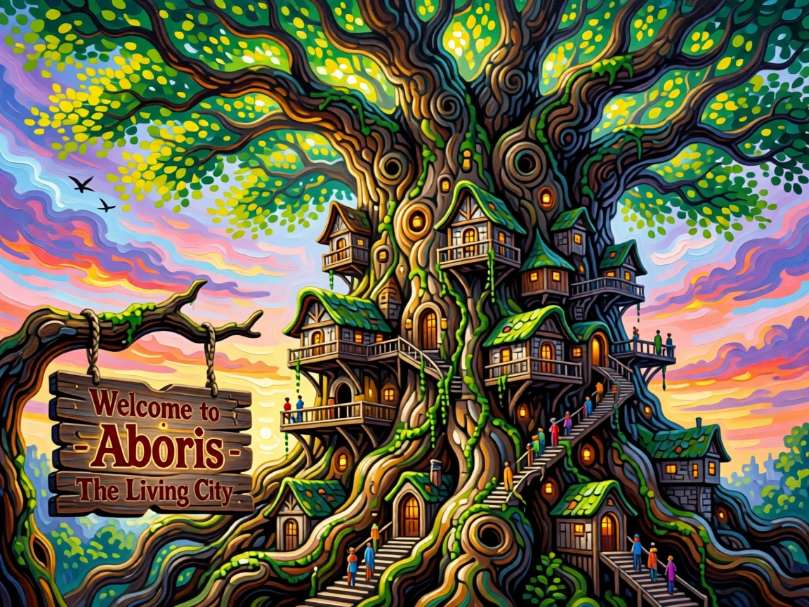 A city built into the trunk of a single impossibly massive ancient tree