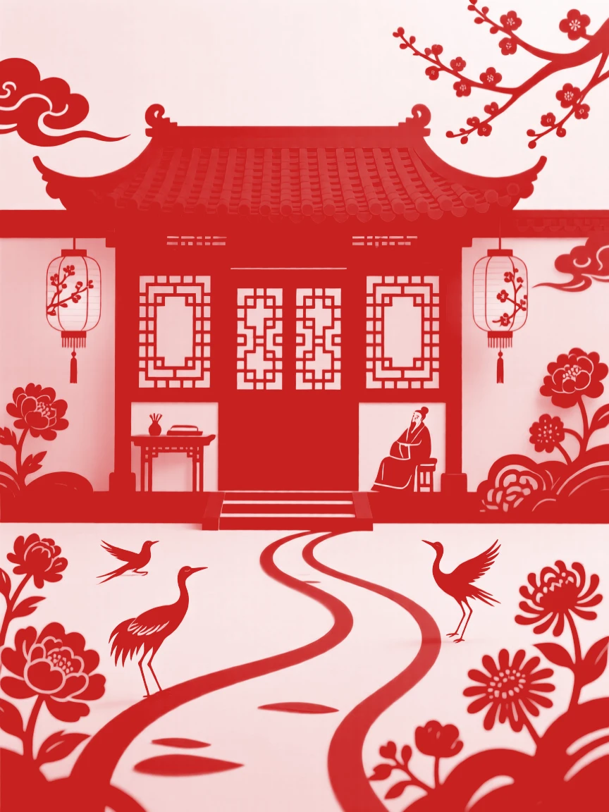 A scholar's studio, as lanterns are lit for the coming night, a winding path leading visitors toward its door.