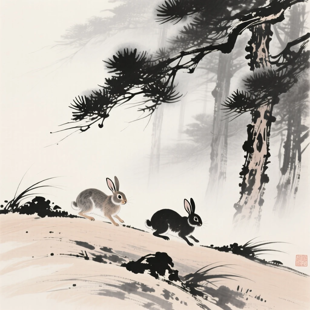 A pair of rabbits wandering along a windswept ridge in a misty pine forest, framed low to the ground for an intimate, close perspective, conveying quiet strength and natural grace.