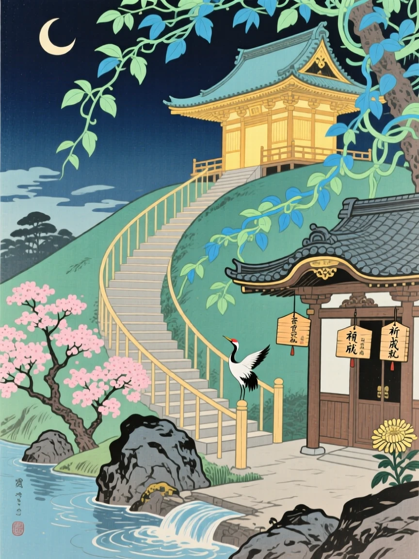 A spiral staircase winding toward a glowing temple, beneath a canopy of luminous vines.