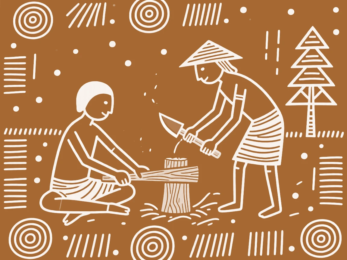Two farmhands carving a wooden tool by hand.