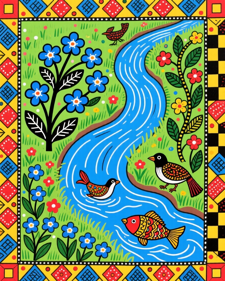 A meadow of forget-me-nots spreading beside a gently flowing stream.