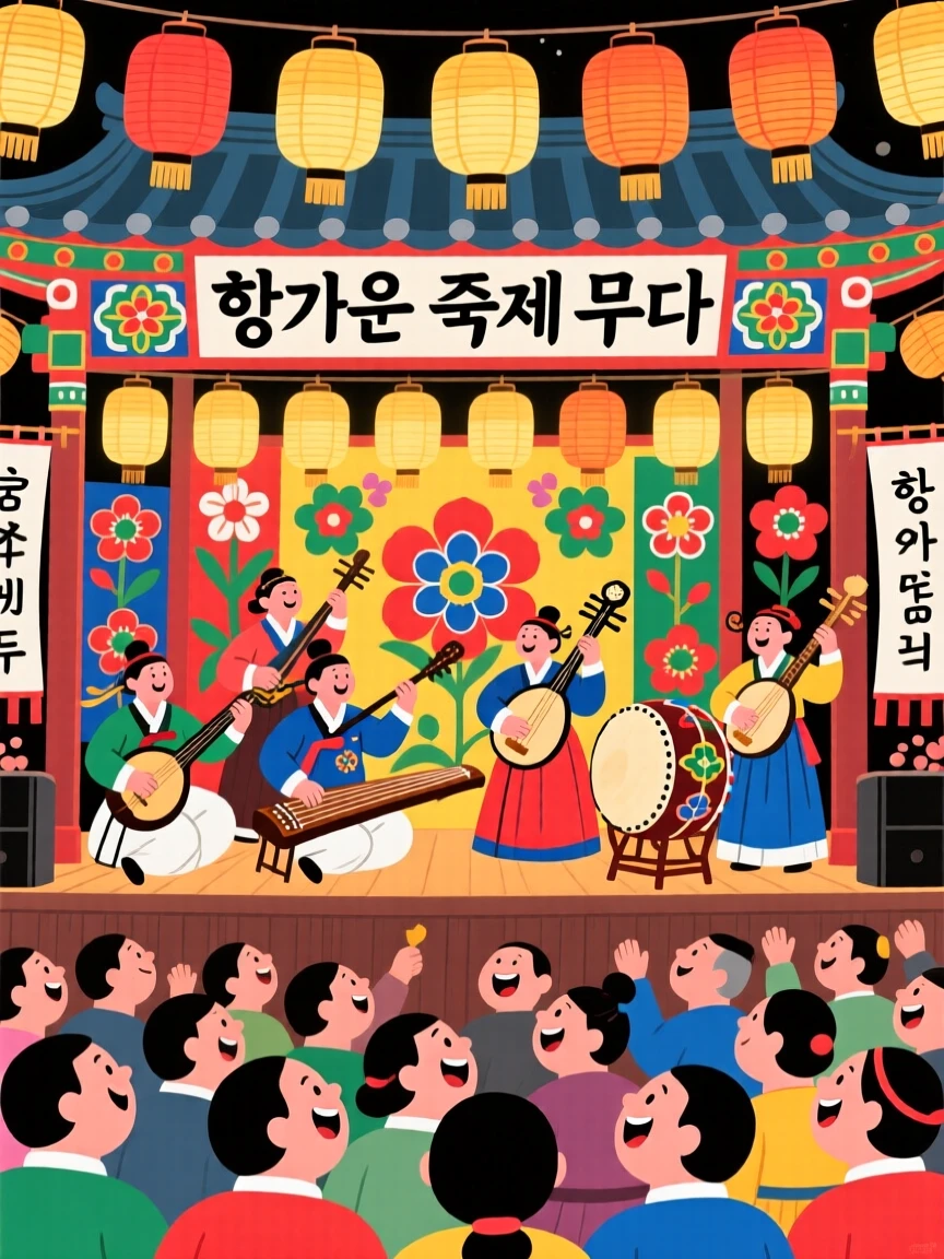 A festival stage lit with lanterns as musicians perform for a gathered crowd.