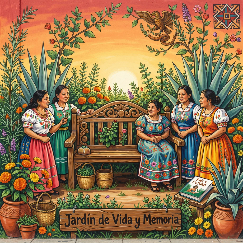 A garden bench nestled among fragrant blooming herbs