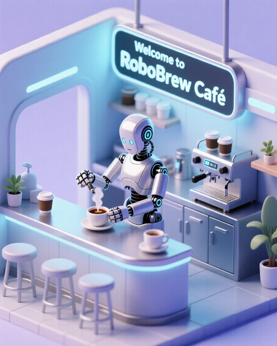 A robot barista crafting a coffee with precise mechanical arms in a sleek futuristic café.