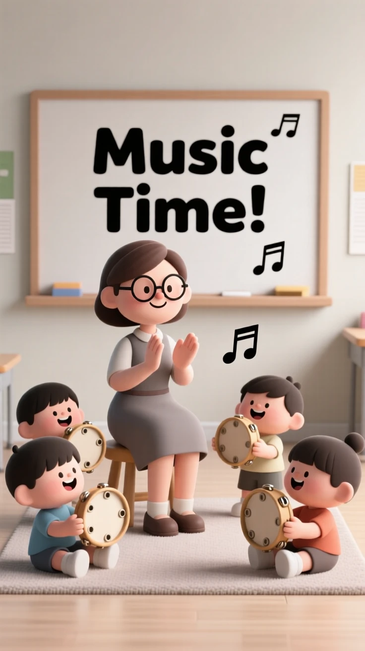 A gentle music teacher claps out a rhythm for a room of giggling kindergartners with tiny tambourines.