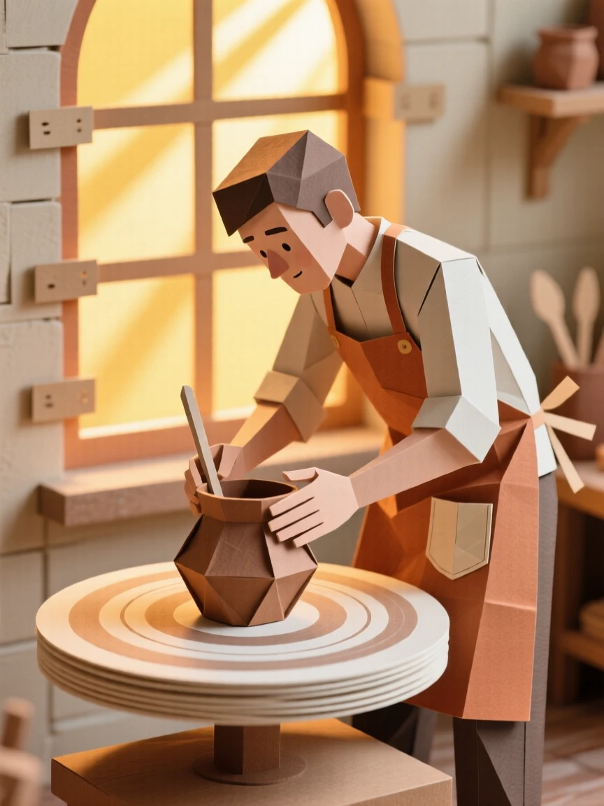 A creative baker focused at a spinning pottery wheel, with warm natural light streaming in, evoking creative passion and focus.