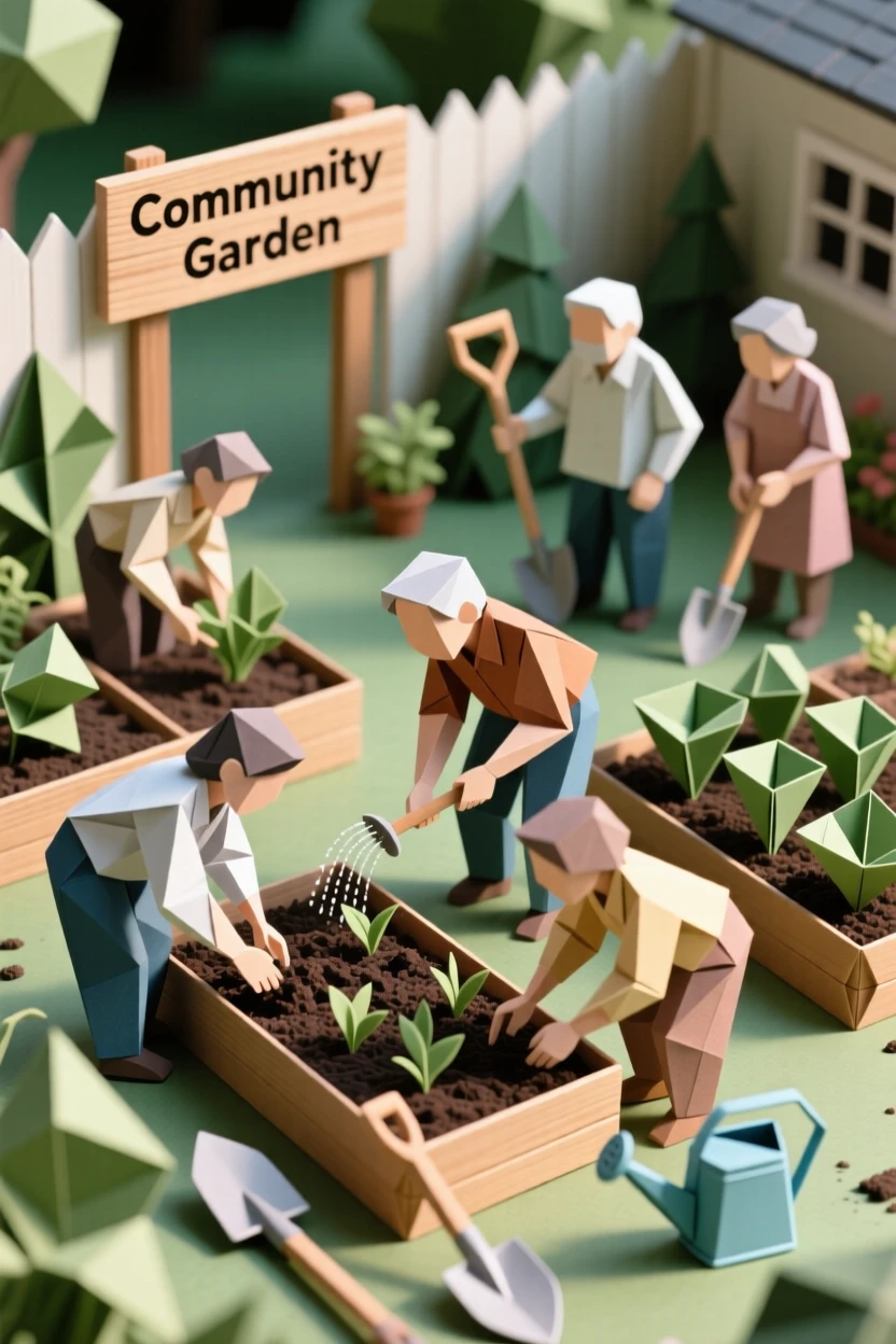 A community garden scene with neighbors of all ages working the soil together.