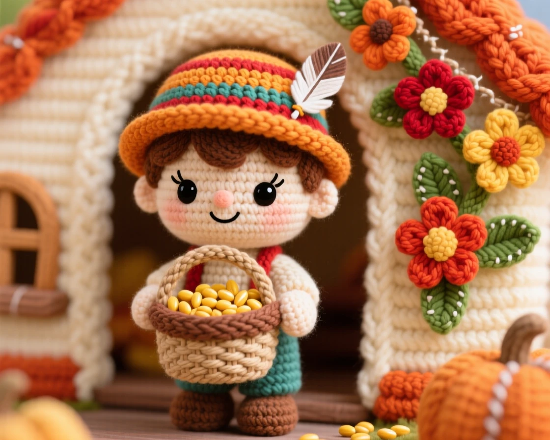 a small boy wearing a festival cap with a small feather, for a harvest celebration, is shown carrying a small basket of grain in a cozy home decorated for a family tradition beside a garland of woven flowers draped nearby, capturing bright, celebratory warmth.