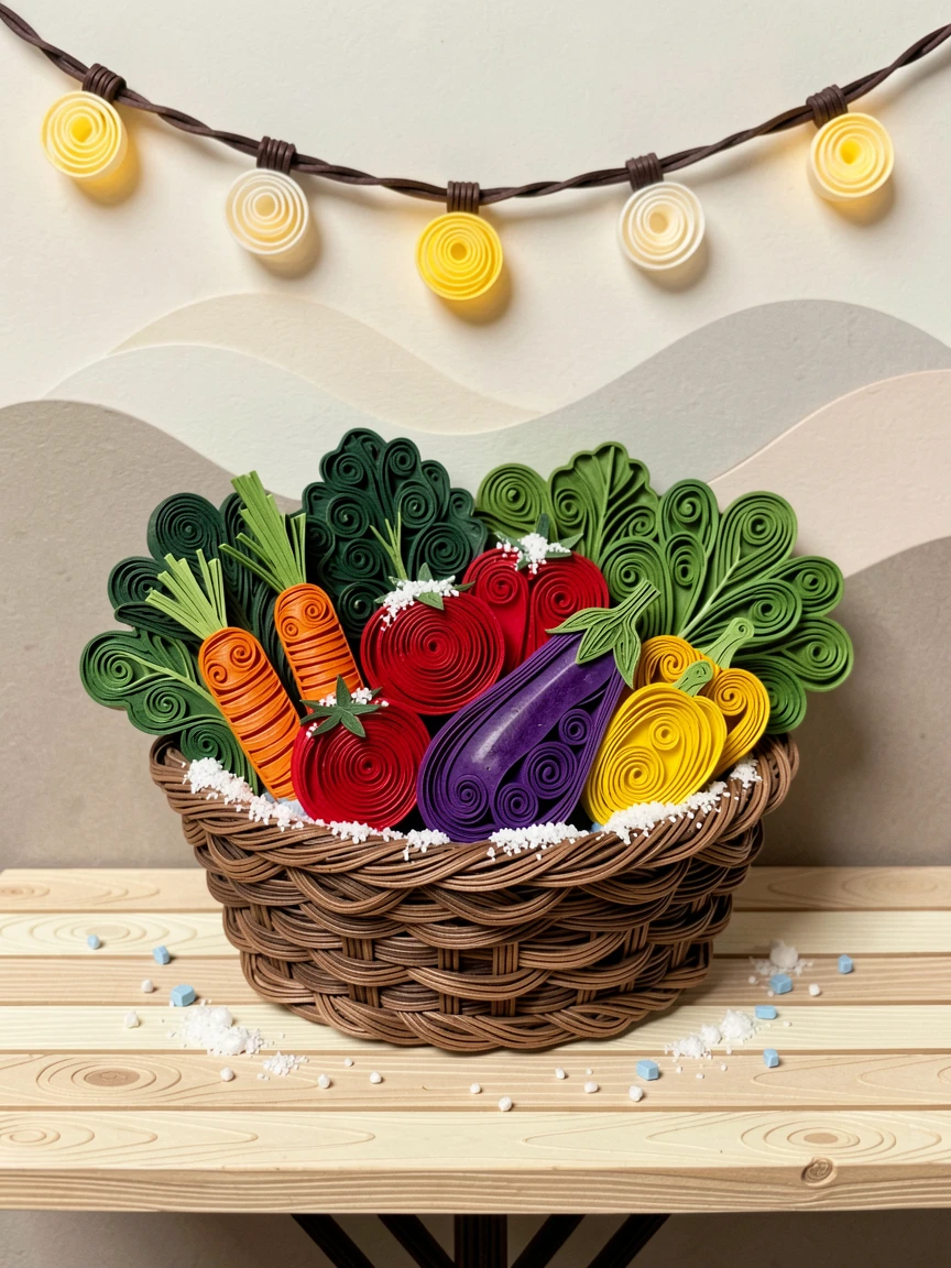 a basket of fresh vegetables from a farmers market, at an outdoor café table with string lights above, composed with warm, inviting close-up framing, with a light dusting of powdered sugar.