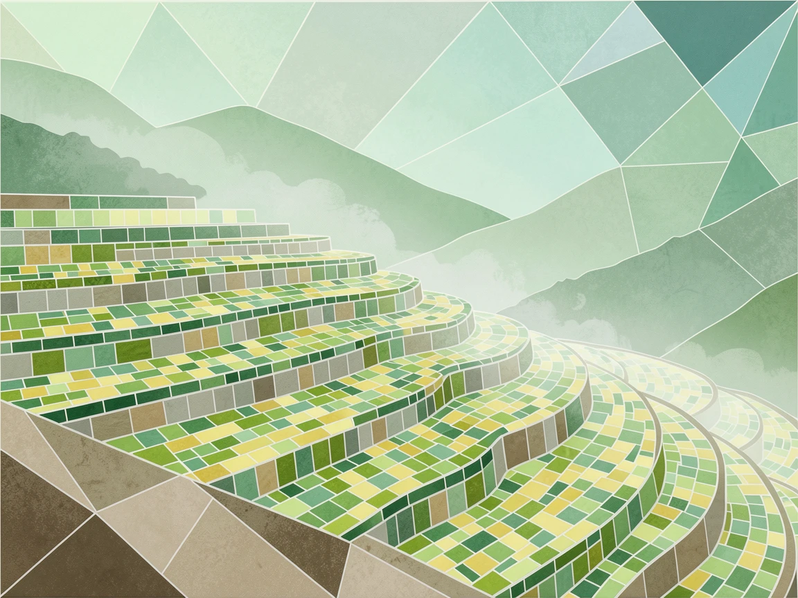 Terraced rice paddies climbing a misty mountainside in soft green light.